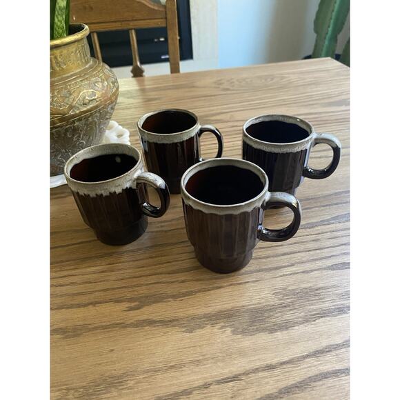 Vintage Midcentury Brown Drip Glaze Stackable Clay Coffee Mugs Set of 4 - Picture 2 of 7